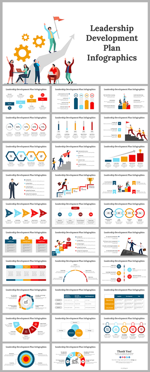 Leadership development plan infographics, slide deck featuring a of a team of people standing celebrating success.