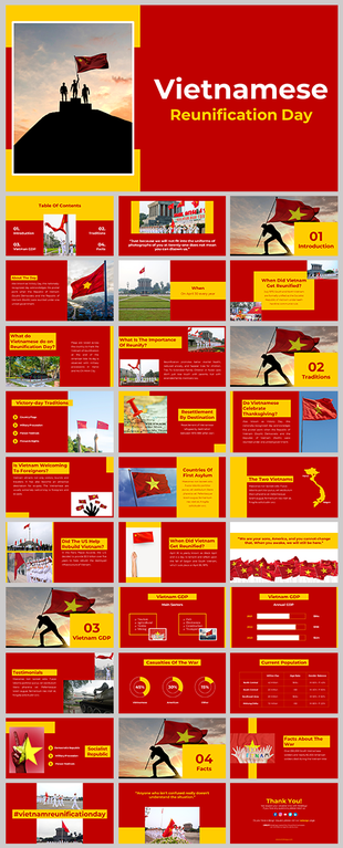 Slide deck for Vietnamese reunification day, featuring sections on history, traditions, population, and economic data.