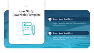 Case study template featuring a checklist and pen icon with two horizontal text placeholders on a blue background.