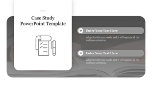 Case study layout with white rectangular card on gray background, featuring two text boxes with icons.
