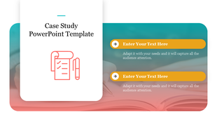 Case study slide with a gradient background of teal and pink, featuring two orange buttons with text placeholders.