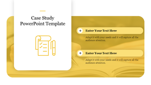 Yellow and white case study template with a checklist graphic, text placeholders, and arrow icons.