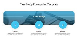PowerPoint slide featuring a case study design with three numbered sections and placeholder text.