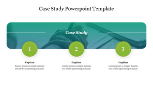Case study template featuring a teal header and three evenly spaced green circles labeled 1, 2, and 3 with captions areas.