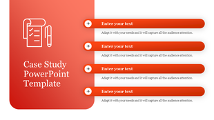 Case study layout featuring an orange section with icons on the left and four text bars with arrow icons on the right.
