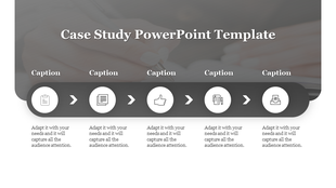 Case study PowerPoint slide with four stages and icons representing different actions.