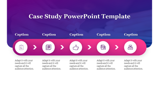 Case study slide with a horizontal pink banner featuring five white circular icons and captions below.