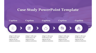 Purple themed case study PPT slide featuring four sections with icons and captions.