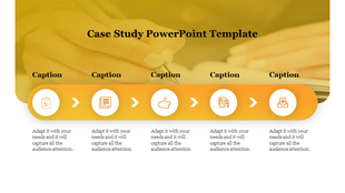 Horizontal orange timeline with five circular icons representing case study steps, connected by directional arrows.