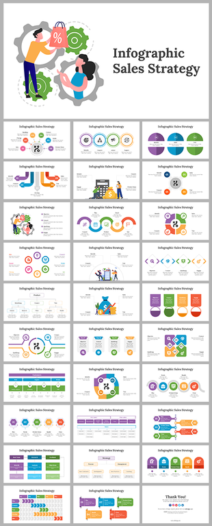 Infographic slides illustrating various sales strategies in different colorful layout designs and icons on a white backdrop.