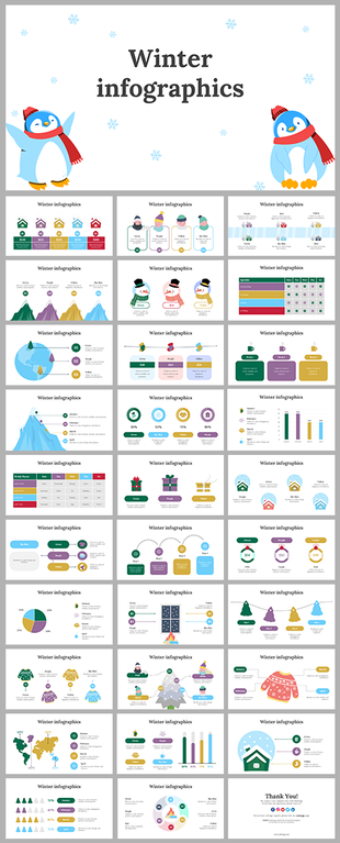 Winter themed infographic slides featuring charts, icons, illustrations decorations, and statistics on a colorful layout.