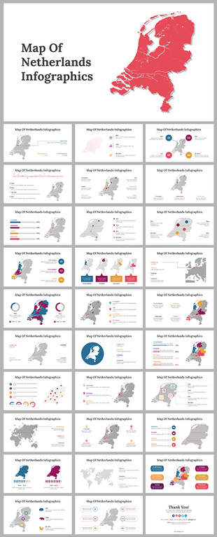 Slide deck showing various infographics of the Netherlands map with regional highlights, data charts, and location markers.