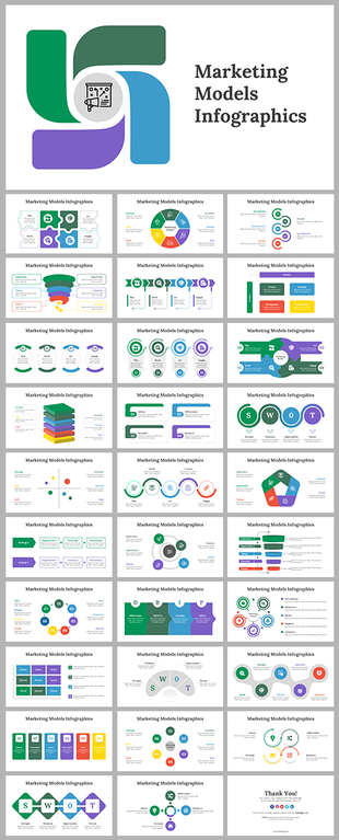 Marketing model slide deck featuring circles, arrows, and rectangular designs in vibrant green, purple, and blue colors.