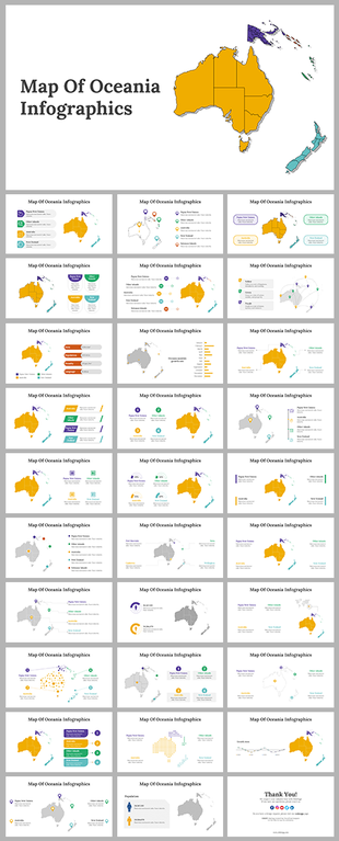 Infographic slides showing the map of Oceania with data visualizations and various regions highlighted.