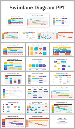 Slide deck showcasing multiple swimlane diagrams in various layouts and color schemes, used for process mapping.