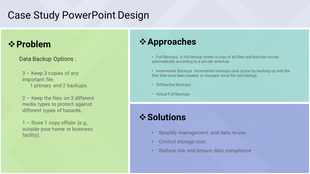 Case study slide with sections for problem, approaches, and solutions on a gradient background.