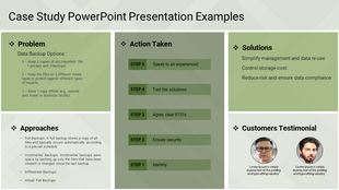 Case study PowerPoint slide with sections on problems, approaches, actions taken, solutions, and customer testimonials.