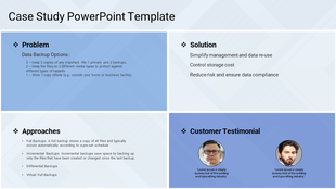 Case study slide with problem, solution, approaches, and two customer testimonial photos in blue and white boxes.