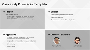 Gray four quadrant layout with rectangular sections for problem, solution, approaches, and circular photo for testimonials.