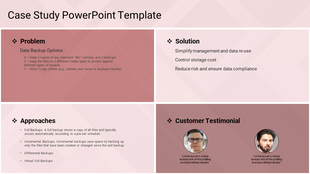 Case study PowerPoint template with sections for problem, solution, approaches, and customer testimonials.
