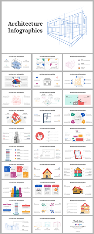 Slide deck showcasing architectural concepts, including blueprints, isometric views, and labeled building sections.