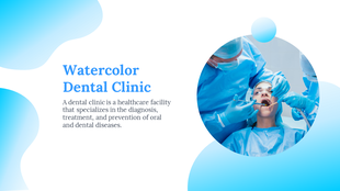 Watercolor themed dental clinic slide featuring a dentist examining a patient.