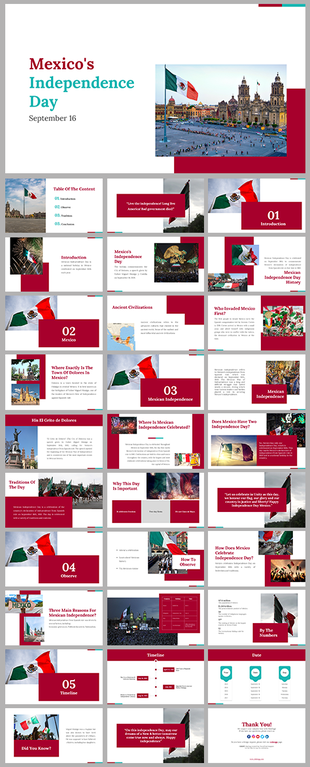 Mexico Independence day slides covering its history, traditions, key figures, and celebrations, with red accents.