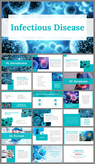 A pack of infectious diseases slides featuring microorganisms and covering various related topics with text descriptions.