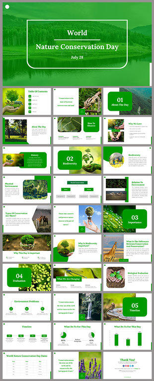 Green themed slide deck with sections on biodiversity, environmental impact, conservation types, and observation tips.