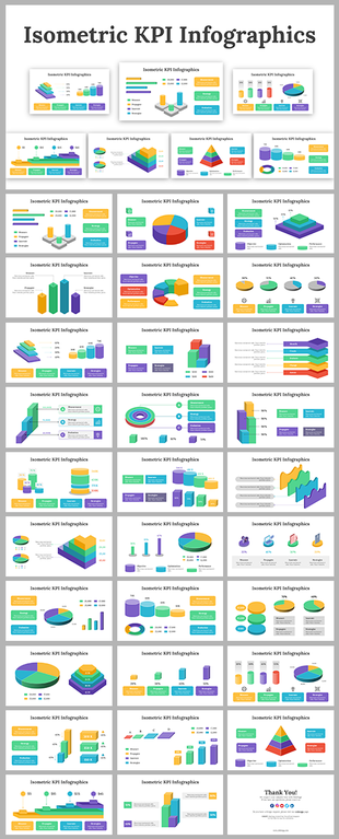 A collection of isometric KPI infographic slides showcasing bar graphs, pie charts, and performance metrics with icons.
