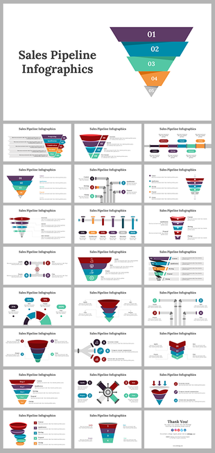 Sales pipeline infographic slides showcasing various funnel designs and stages with different layout designs with icons.