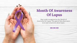 Month of awareness for lupus slide featuring a purple awareness ribbon held in hands on a light wooden background.
