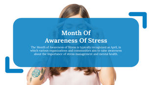 Slide featuring a woman with her fingers on her temples, framed by a blue overlay containing text about stress awareness.