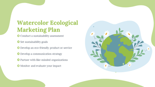 Ecological marketing plan in watercolor style featuring a globe with flowers and bullet points for sustainability actions.