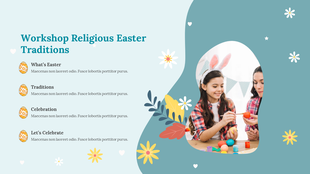 Soft blue layout featuring floral and heart accents, with a photo of children painting Easter eggs on the right.