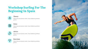 Workshop Surfing slide featuring a surfer riding a wave on the right and a list of workshop topics with icons on the left.