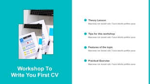 Workshop slide with teal layout featuring a photo of a laptop and CV papers, with four key sections listed on the right.