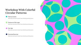 PowerPoint slide with vibrant pink and green circular patterns, detailing a workshop on circular design principles.