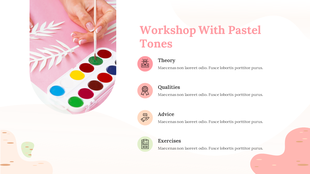 Workshop slide with watercolor supplies and pastel tones, with categories for theory, qualities, advice, and exercises.