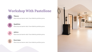 Workshop slide with soft pastel colored workshop layout with four icons and captions, with an interior room shown behind.