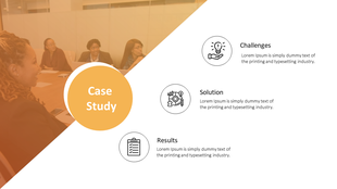 Case study template with three labeled icons and an orange overlay on a team discussion image for a professional look.