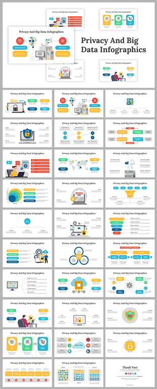 Collection of slides focused on privacy and big data, showcasing colorful charts, icons, and textual descriptions.