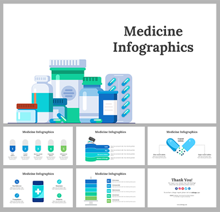 Alt: Medicine Infographics cover slide with blue-green layout showing pill bottles, blister packs, and capsule illustrations.