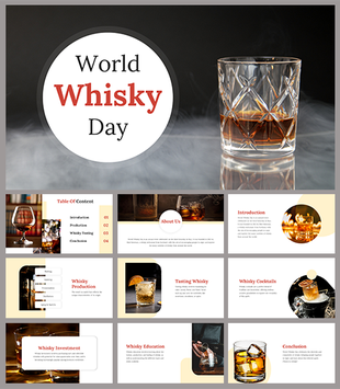 Whisky Lover's Presentation slides about its production, tasting, cocktails, and investment with text descriptions.