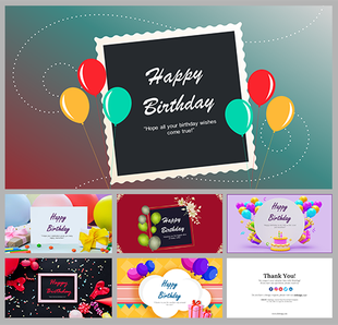 Birthday greeting card designs with various colorful elements like balloons, presents, and decorative backgrounds.