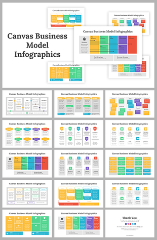 Slides with colorful business model infographics using blocks of purple, blue, green, and orange arranged in a canvas format.
