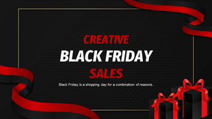 Creative Black Friday sales banner featuring a bold title with red ribbons and gift boxes on a dark background.