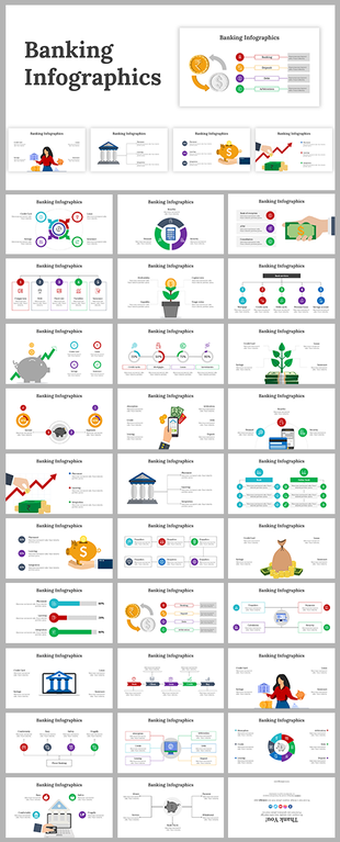 Slide deck showcasing multiple banking themed infographics with icons, charts, and financial symbols across various layouts.