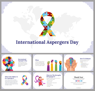 Colorful slide deck for Asperger's awareness, including puzzle themed visuals, text on strengths, and celebration ideas.
