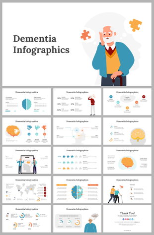 Slide deck illustration of an elderly man holding his head, with puzzle pieces around, representing dementia infographics.